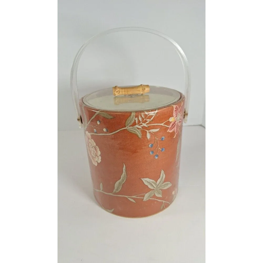 Vintage Chinoiserie Palm Beach Ice Bucket With Plastic And Bamboo Handle‎ W/ Lid